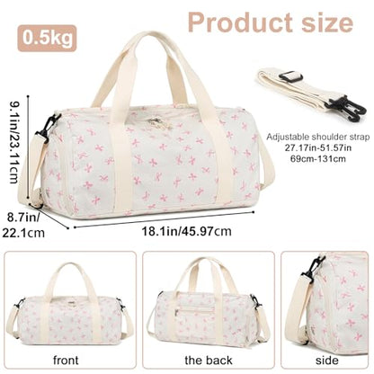 Gym Bag Sports Duffle Bag with Wet Pocket Weekender Overnight Bags with Waterproof Shoe Compartment for Girls Kids Women Dance Workout Travel Bags - color: Bow Pink