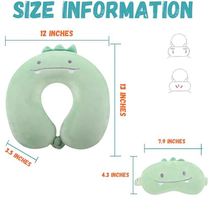 Kids Neck Pillow for Travel with Sleep Eye Mask, Cute Travel Neck Pillow, Memory Foam Flight Sleeping Headrest Pillow for Boys & Girls, Airplane, Train, Car, Home Use - Green Dinosaur - color: Green Dinosaur