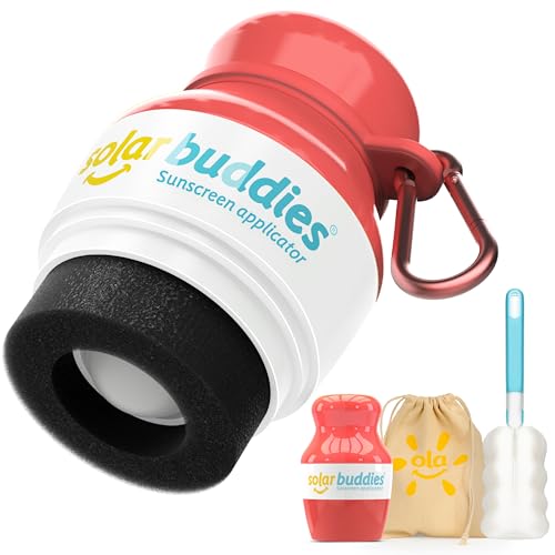 Solar Buddies Grab & Go Travel Bundle, Carabina Clip & Cleaning Brush - Single Full Red - Refillable Roll on Sponge Sunscreen, Suncream & Lotion Applicator For Kids, Adults & Families - Holds 100ml - color: Red Single