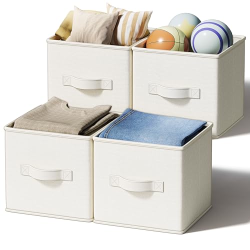 LayerSpace 4 Pack Foldable Fabric Closet Storage Bins, 11Inch Organizer Cubes with Handles, Linen Storage Boxes for Clothes, Toys, Books and Home Organization, White& Ivory - color: White & Ivory, size: 4pcs-11"x11"x11"