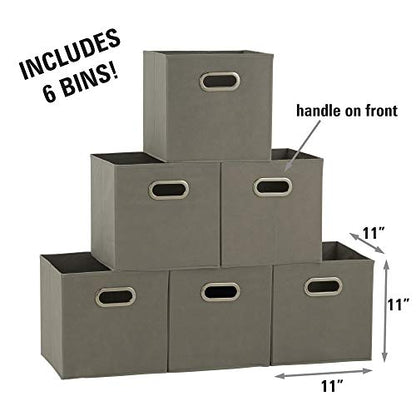 Household Essentials Fabric Storage Bins 6 Piece Set, Strong Poly-Woven Fabric, Sturdy Chipboard Sides, Grommet Front Handle, Stackable and Foldable, Classic Design, Dove Gray - color: Gray, size: 11” L x 11” W x 11” H