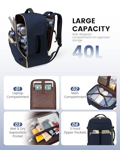 LOVEVOOK Carry On Backpack, 40L Travel Backpack Women with 3 Packing Cubes, TSA Airline Approved Suitcase Bag as Personal Item, Waterproof 17 inch Laptop Backpack for Weekender Overnight, Dark Blue - color: Dark Blue, size: 40L-17.3 Inch-4Pcs