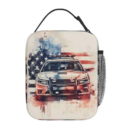Insulated Lunch Box for Kids Boys Girls, Reusable Lunch Bag for School, Office, Work, Picnic, Travel, American Flag and Police Car Lunch Box - color: lunch box 91