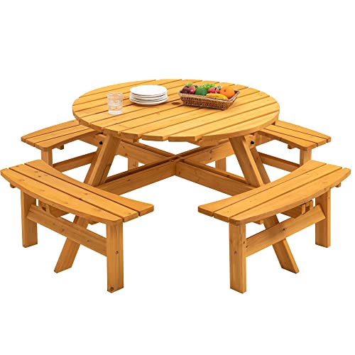 Round 8 Person Wooden Picnic Table Sets Outdoor Camping Dining Table with Seat Garden DIY w/4 Built-in Benches 2220lb Capacity - Natural - color: Natural-8-round