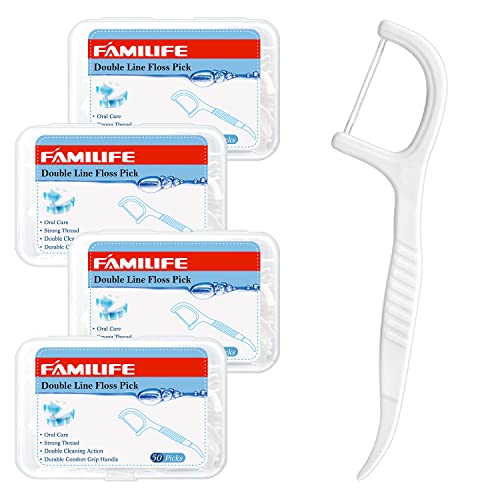 FAMILIFE Dental Floss Picks, Double Line Flossers 200 Count, Unwaxed Flossing Thinner and Tougher Unflavored Threader Flosser with 4 Travel Cases - color: Double Line 200 Pcs