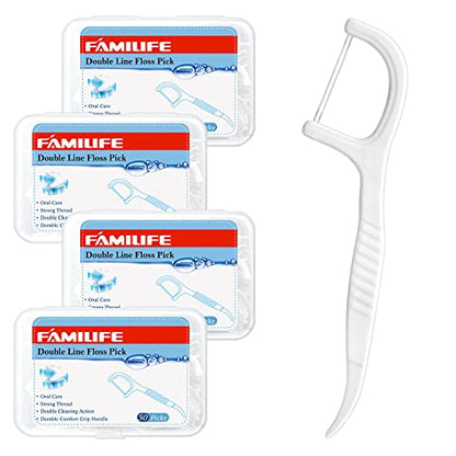 FAMILIFE Dental Floss Picks, Double Line Flossers 200 Count, Unwaxed Flossing Thinner and Tougher Unflavored Threader Flosser with 4 Travel Cases - color: Double Line 200 Pcs