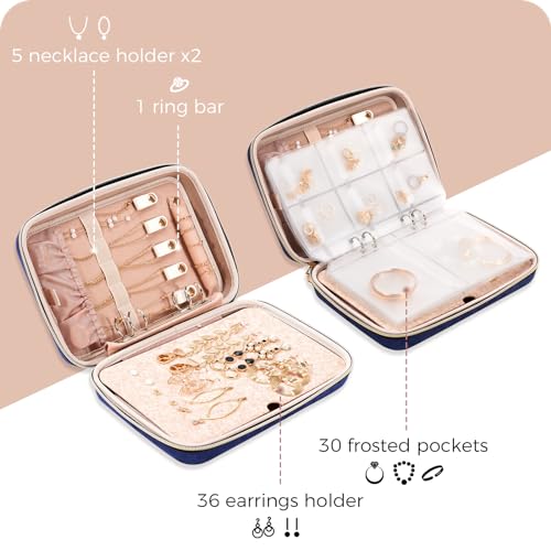ProCase Extra Large Jewelry Organizer Case, Jewellery Home Storage Book Ring Binder with Clear Pockets for Presentation, Zippered Pouch Bag for Earrings Necklaces Bracelets -Navy - color: Navy, size: Large, Loose-leaf