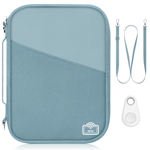 Family Passport Holder for Travel with RFID Blocking, Traveling Essentials Organizer Pouch Bag, Light Passport Wallet for Travel Must Haves Accessories for Women Men - color: Haze Blue+Dusty Blue