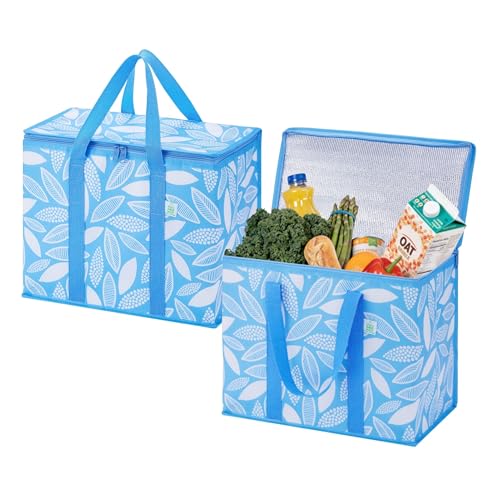 VENO 2 Pack Insulated Cooler Bag, Reusable Grocery Shopping Bag for Food Delivery, Heavy Duty, Large Size, Durable Handles, Double Zippers, Lid, Collapsible (Spring Breeze, 2 Pack) - color: Spring Breeze, size: 2 Pack