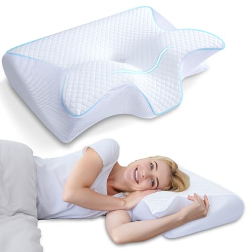 HOMCA Memory Foam Cervical Pillow, 2 in 1 Ergonomic Contour Orthopedic Pillow for Neck Pain, Contoured Support Pillows for Side Back Stomach Sleepers - color: White