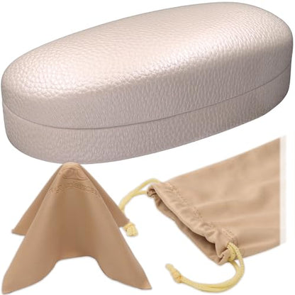 MyEyeglassCase Hard Sunglasses case - Women Glasses Case Holder - Large Durable Eyeglass Case Hard Shell with Pouch & Cloth - color: Cream Pearl