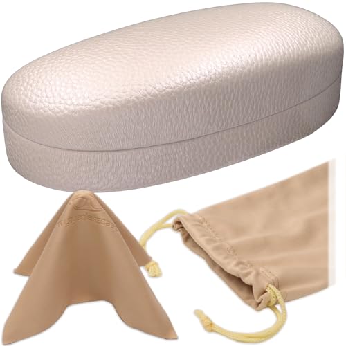 MyEyeglassCase Hard Sunglasses case - Women Glasses Case Holder - Large Durable Eyeglass Case Hard Shell with Pouch & Cloth - color: Cream Pearl