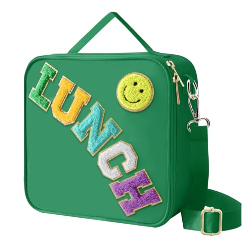 Insulated Lunch Bag With Adjustable Shoulder Strap, Nylon Preppy Lunch Box Large Insulated Lunch Bag Reusable Lunch Tote Bag with Smiley Preppy LunchBag for Girls School Travel Picnic (Dark green) - color: Dark Green