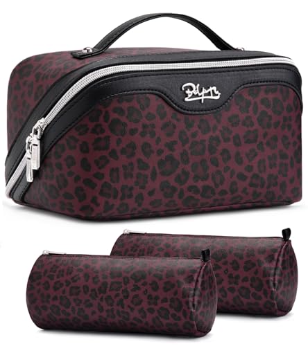 BOYATU Travel Makeup Bag Organizer: 3 Pcs Set Leopard Make up Bag for Women | Vegan Leather Cosmetic Bags with Compartments - Waterproof Toiletry Bag - 180° Open-Flat Make up Case for 3-15 Day Trips - color: 10-Red