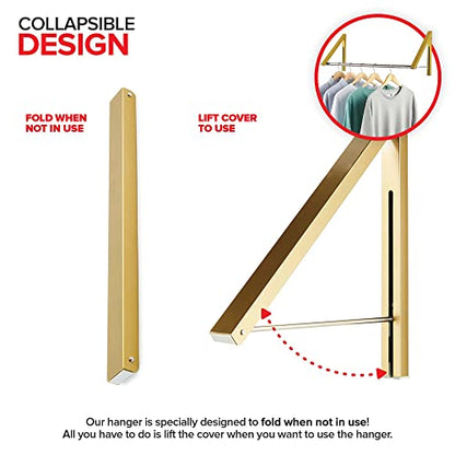 Double Foldable Clothing Rack w/ Extension Rod, Wall-Mounted Retractable Clothes Hanger for Laundry Dryer Room, Hanging Drying Rod, Small Collapsible Folding Garment Racks, Dorm Accessories (Gold) - color: Gold