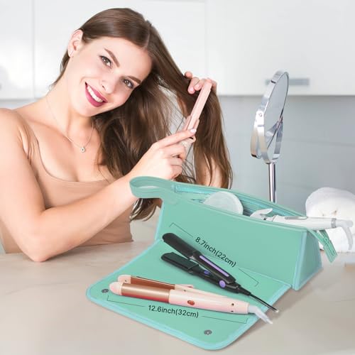 JKAOO Hair Tools Travel Bag and Heat Resistant Mat, 2 in 1 Portable Organizer Hair Travel Case for Curling Iron, Hair Straightener, Flat Irons, PU Hangable Handle, Neoprene (Blue-Green) - color: Blue-green
