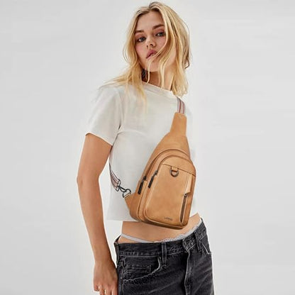 LATMAP 7L Sling Bag for Women Men Leather Small Sling Backpack Daypack Anti Theft Fanny Pack Crossbody Purse Travel - color: Regular Size-tan