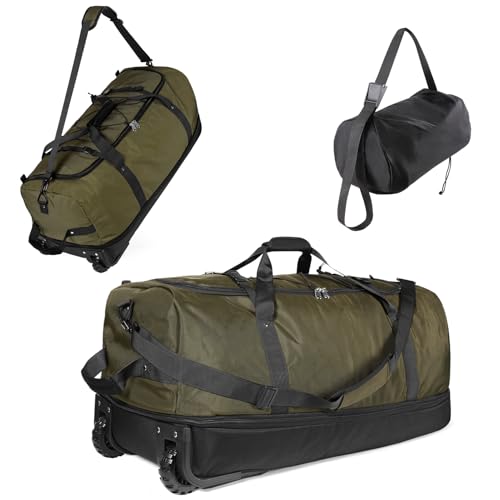 32" Soft-Sided Foldable Wheeled Duffle Bag, 110L Expandable 140L Rolling Travel Bag with Matching Storage Pouch, Updated Army Green - color: Army Green