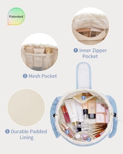 Narwey Lay Flat Open Drawstring Puffer Makeup Bag, Large Quilted Cosmetic Bag for Women Girls, Cute Make up Bags with Handle, Travel Toiletry Bag for Skincare, Brushes & Travel Essentials (Blue) - color: B-Quilted Blue