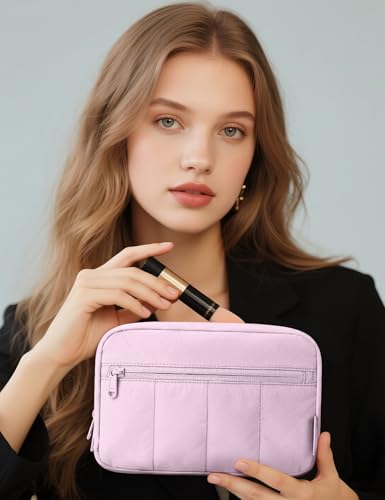Noozion Makeup Bag Travel Toiletry Bag, Puffy Padded Cosmetic Bag for Women, Makeup Organizer Case, Wide-open Pouch Purse, Travel Essentials - color: Purple