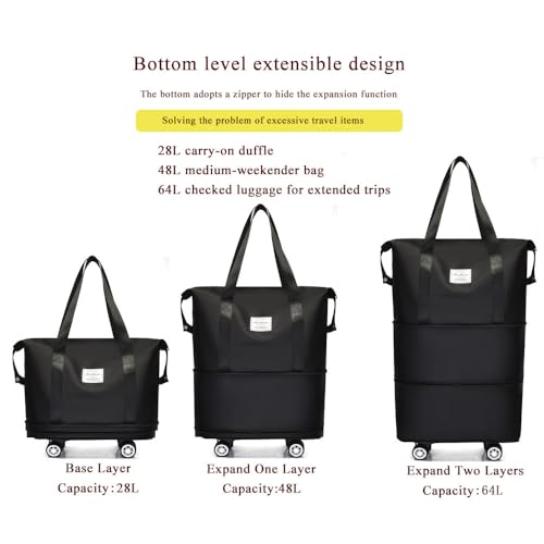 Expandable Foldable Duffel Bag with Detachable Wheels, 64L Large Capacity Rolling Travel Duffle Bag, Lightweight Carry on Luggage with Spinner Wheels, Weekend Gym Tote Bag (Black) - color: Black