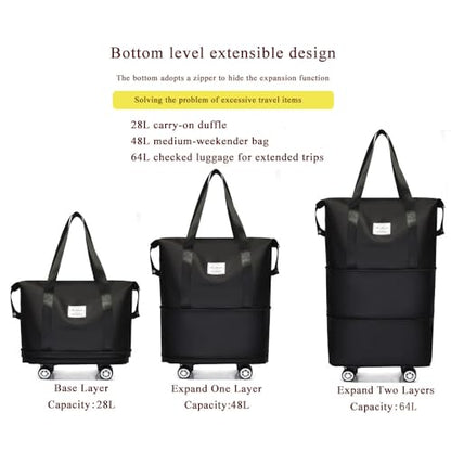 Expandable Foldable Duffel Bag with Detachable Wheels, 64L Large Capacity Rolling Travel Duffle Bag, Lightweight Carry on Luggage with Spinner Wheels, Weekend Gym Tote Bag (Black) - color: Black