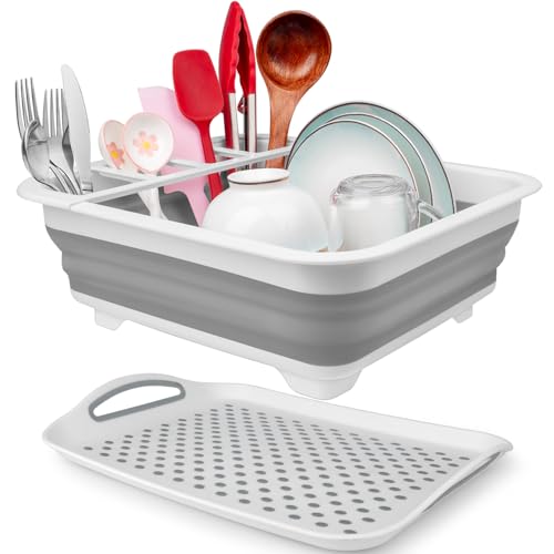 Collapsible Dish Drying Rack Portable Dish Drainers for Kitchen Counter with Drainboard, Kitchen Sink Organizer Basket RV Accessories Camper Storage and Organization Dish Rack Over Sink Drying Rack - style: With Tray