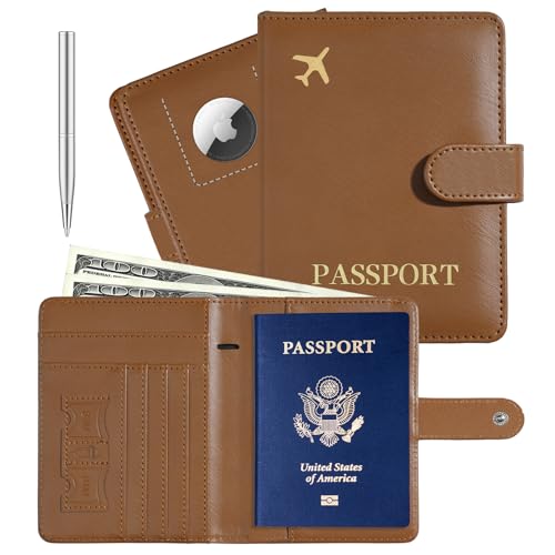 Passport Holder with Airtag Slot Cards Cash Air Ticket Pocket, Travle Gifts for Women Men RFID Blocking Wallet, Passport Book Cover Case Brown - color: Brown