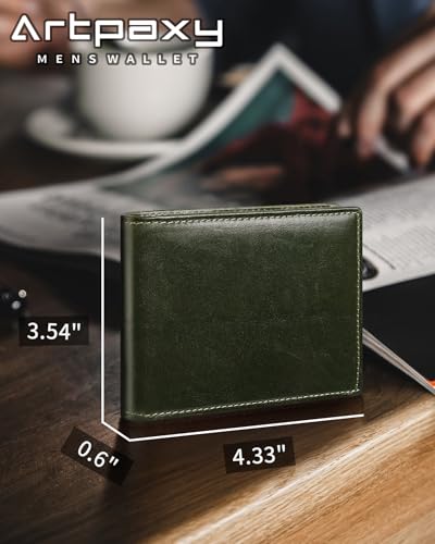 Artpaxy Mens Wallet Bifold Genuine Leather RFID Blocking Wallet for Men with 1 ID Windows 13 Card Holders 2 cash pockets 1 Gift Box - color: Green