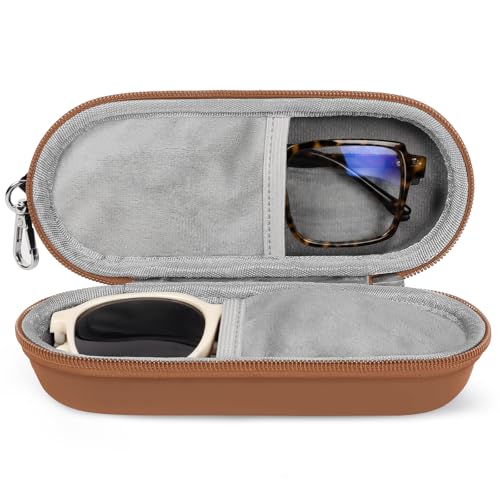 Double Eyeglasses Case, Dual Glasses Sunglasses Organizer with Zipper Closure, Eyewear Storage Box for Men Women Travel - color: Brown