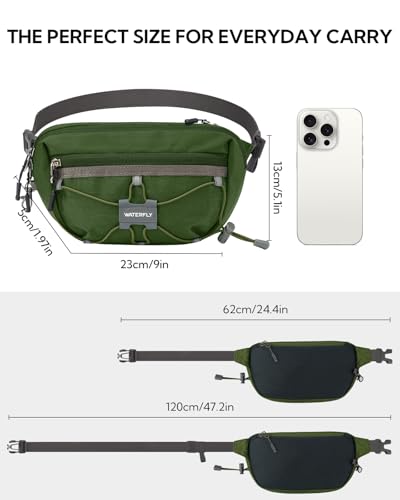 WATERFLY Lightweight Small Fanny Pack: 1.5L Mini Slim Crossbody Waist Belt Hip Bag with RFID Blocking, Anti-Theft & Water Resistant Pouch for Women Men Travel Hiking Running Walking EDC - color: Green
