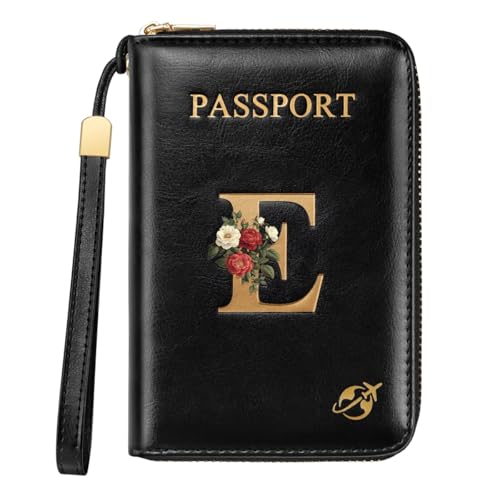 Passport Holder Cover Wallet with Zipper Personalized Initial Letter E Rose Flower RFID Blocking Travel Wallets Credit Cards Holder for Women, Gift for Wife and Girlfriend,E - color: Black, size: E
