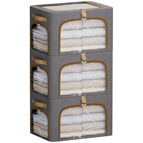 CYhom Clothes Storage Bins with Metal Frame,3 See-Through Windows Openings Clothing Storage Bin,3 Pack Foldable Storage Bins Boxes for Closet (Dark Grey, 34L-16.5 x 12.6 x 9.8IN) - color: Dark Grey, size: 16.5 x 12.6 x 9.8 in