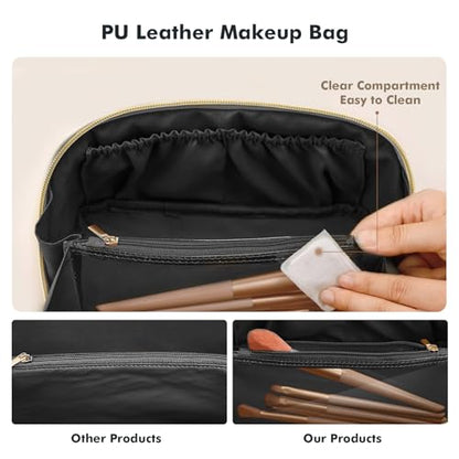 Prite Makeup Bag for Women Travel Waterproof Vegan Leather Cosmetic Bag Open Flat Toiletry Bag With Clear Divider and Handle (Plaid Black, Medium) - color: Plaid Black, size: Medium