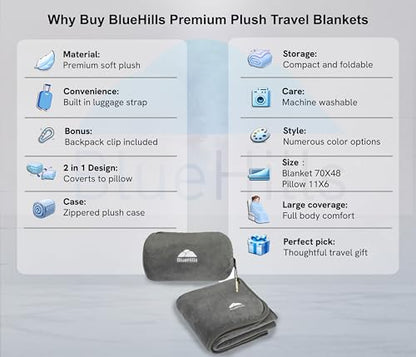 BlueHills Travel Blanket Pillow Rolled Premium Soft Plush Airplane Throw Traveling Essentials Compact in a Bag 70 X 48 inches for Long Plane Flight Portable Lightweight Grey Gray R01 - color: R01-gray