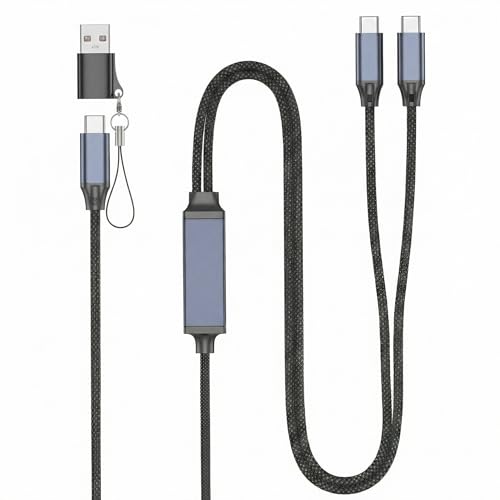 USB C Splitter Multi Charging Cable, 140W USB C to Type-C Cable, 6.6FT USB A to USB C Charger Cable, 2 in 1 Fast Charging Cord for iPhone 17/16 Series Cell Phones Tablets and More (Braided, Gray) - size: 6.6FT