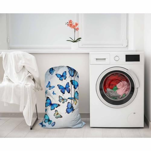 Swono Beautiful Blue Butterflies Large Dirty Clothes Laundry Bag for Laundry Basket Hamper, Flying Animal Garden Fairy Tale Machine Washable Dirty Clothes Organizer - color: Beautiful Blue Butterflies