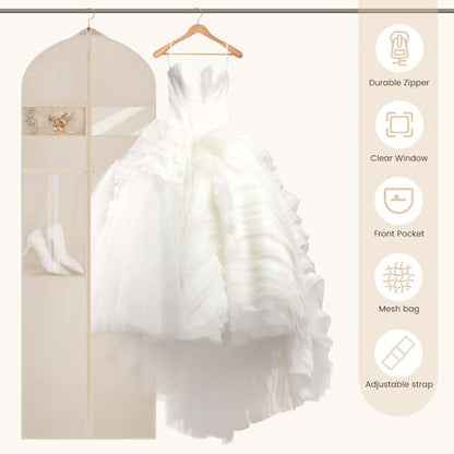 Wedding Dress Garment Bag,72" Tri-Fold Bridal Gown Bag with 6 Pouches and Adjustable Buckle Gown Cover for Wedding/Prom/Travel/Closet Storage (Beige) - color: Beige