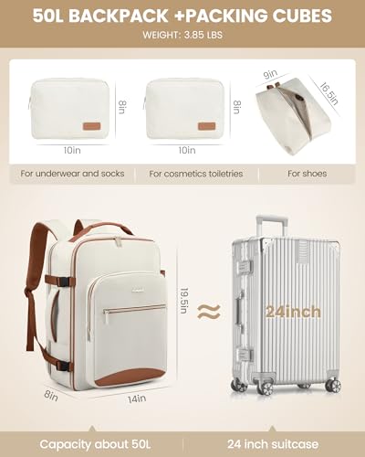 LOVEVOOK 50L Travel Backpack for Women Men,Waterproof Airline Approved Carry On Luggage Travel Essentials,TSA Carry On Backpack Personal Item Travel Bag Suitcase Weekender Traveling with Packing Cubes - color: Beige-brown