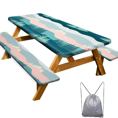 Picnic Table Cover with Bench Covers 6FT 3 Pcs Waterproof Windproof Aesthetic Camping Tablecloth with Drawstring Bag, Fitted for 6 Foot Rectangle Tables and Seats, 72 inch, Pink Green Mountains - color: Pink Green Mountains