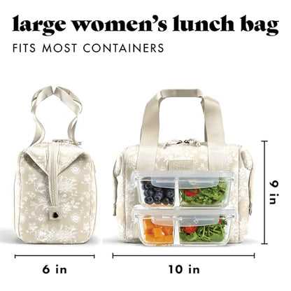 Fit & Fresh Remi Lunch Bag for Women Work – Neoprene Lunch Tote with Containers & Ice Pack, Reusable Meal Prep Lunch Box, Large Capacity, Machine Washable, Tan Toile - color: Tan Floral
