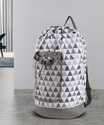 Dalykate Backpack Laundry Bag, Laundry Backpack with Shoulder Straps and Mesh Pocket Durable Nylon Clothes Hamper Bag with Drawstring Closure for College, Travel, Laundromat, Apartment - color: Triangle Grey