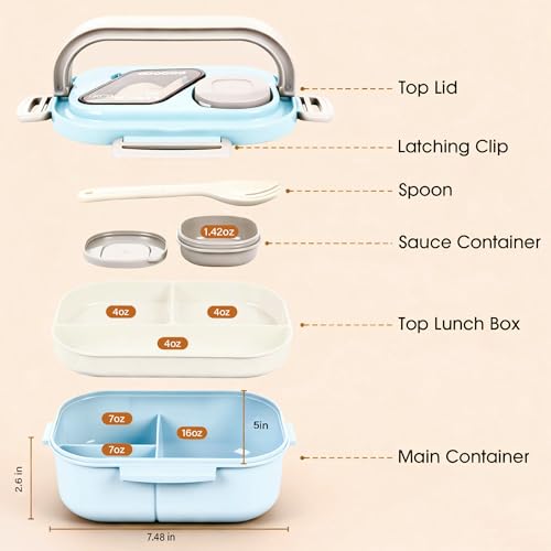 PEDECO Lunch Containers Bento Box Set for Adults & Kids with Insulated Bag, Leakproof 3-Compartment and 2-Tier Stackable Container with Portable Sauce Pod, Microwave/Dishwasher Safe, BPA-Free (Blue) - color: Blue