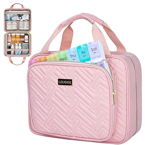 Leudes Travel Pill Bottle Organizer,Medicine Organizer and Storage,Home Medication Bag, Cases,Carrier for Pills,Vitamin,Fish Oil,Supplements for Women and Men (Large, Pink) - color: Pink, size: Large