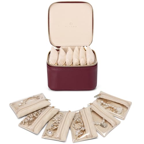 Vlando Jewelry Travel Case,Travel Jewelry Organizer with Clear Velvet Jewelry Bags 6Pcs Zipper Pouch for Women-Red - color: B.6PCS Red