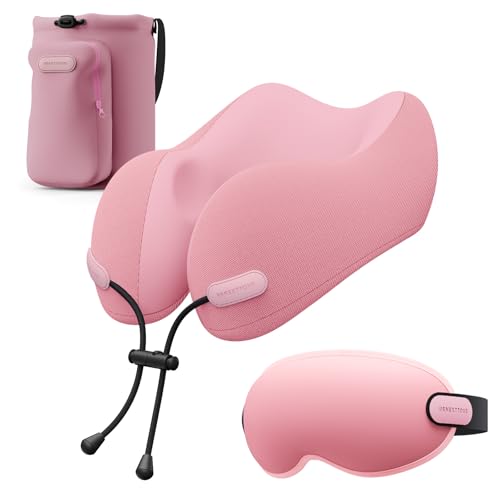 urnexttour Neck Pillow for Travel Memory Foam Design Models Pillows with Zero Eye Pressure 3D Eye Mask and Compact Bag Traveling Essentials Plane Car Flight Rest Sleeping Use Adult, Pink - color: Pink