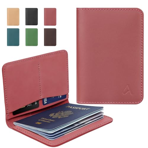 ALLIVE Passport Holder for Travel, Genuine Leather Passport Holder Women Men,Passport Cover,Travel Wallet Must Haves Airport Essentials Travel Gifts Pink - color: Pink, style: Without Airtag Holes