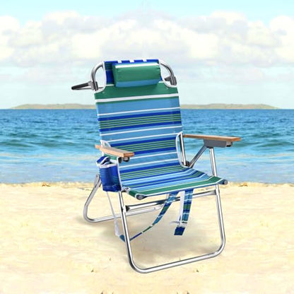 Backpack Beach Chairs for Adults Capacity 300 LBS high 5 Position Beach Chair with Pouch Straps Folding Lightweight Reclining Aluminum Wide Lay Flat Single - color: 17in Wood Green Stripe 1 Pack