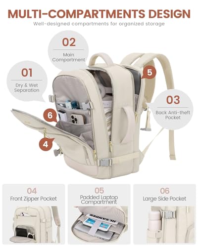 LOVEVOOK Travel Backpack For Women, 40L Carry On Backpack Flight Approved, TSA Personal Item Backpack Fits 17 Inch Laptop, Business Weekender Overnight Waterproof Daypack With 2 Packing Cubes, Beige - color: Beige, size: 40l-17.3 Inch-3pcs