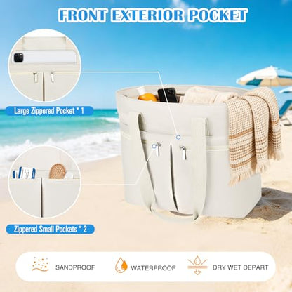 HUANLANG Large Beach Bags for Women Pool Bag with Zipper, Waterproof Sandproof Beach Tote Travel Bag with Wet Pocket - color: White